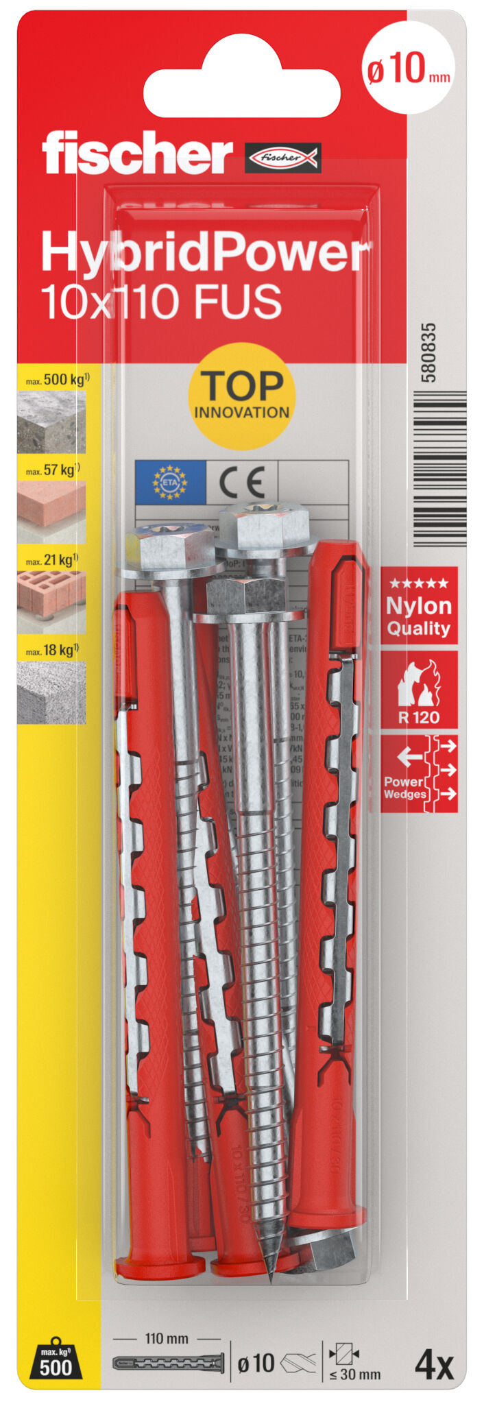 fischer HybridPower 10 x 110 FUS K, hexagonal screw with moulded